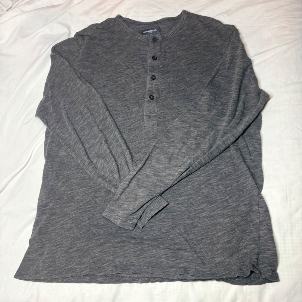 Bonobos Mens Slim Fit Henley Shirt Medium Charcoal Gray Slub Cotton Long Sleeve